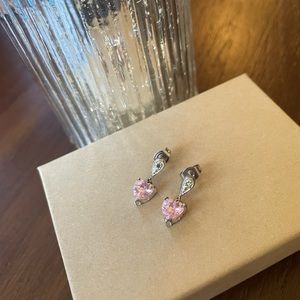 💕 Pink Tourmaline Heart Shape SS Dangle Post Earrings